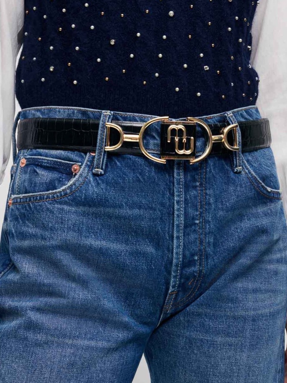 Maje Black Leather Gold Toned Double M Logo Buckle Belt 2 MEDIUM